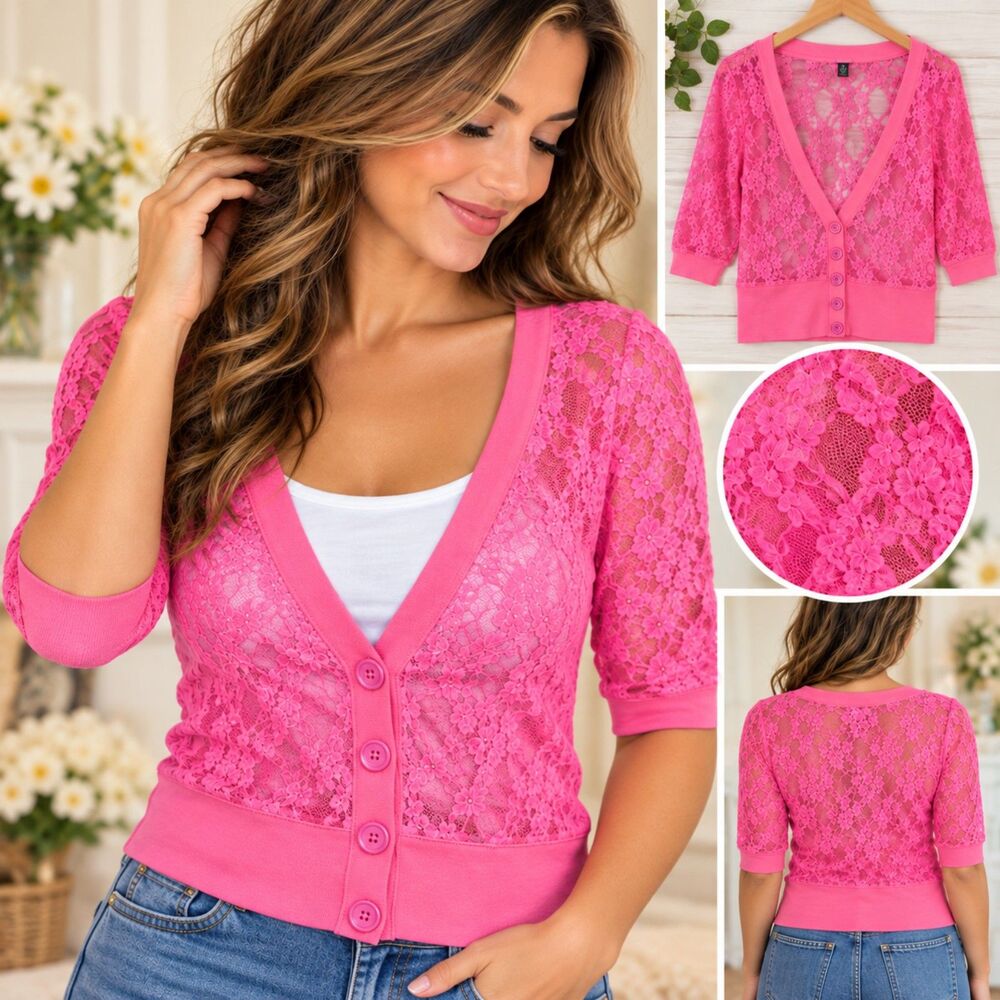 Rue 21 Y2K Hot Pink Floral Lace Sheer Cardigan Button Front Top XL